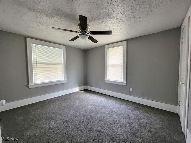 432 Fuller St, Akron, OH 44306 - unfurnished room with ceiling fan, baseboards, a textured ceiling, and dark colored carpet