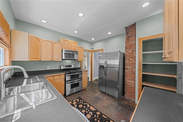 3004 Essex Rd, Cleveland Heights, OH 44118 - kitchen with stainless steel appliances, light brown cabinetry, a sink, recessed lighting, and dark countertops