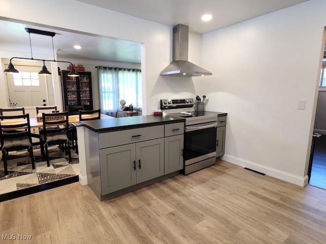 kitchen with stainless steel range with electric stovetop, wall chimney range hood, gray cabinets, a peninsula, and light wood finished floors