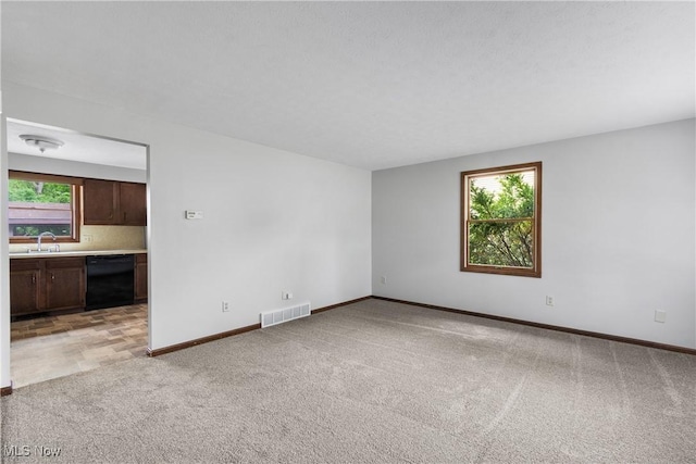 empty room featuring plenty of natural light, light carpet, a sink, and baseboards