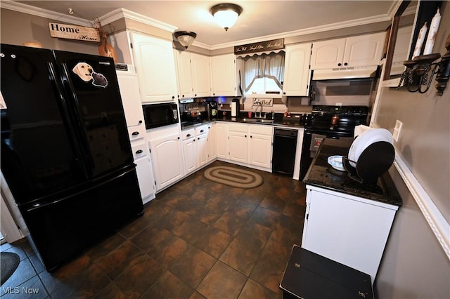 50277 Carroll Rd, East Liverpool, OH 43920 - kitchen featuring black appliances, dark countertops, crown molding, a sink, and white cabinets