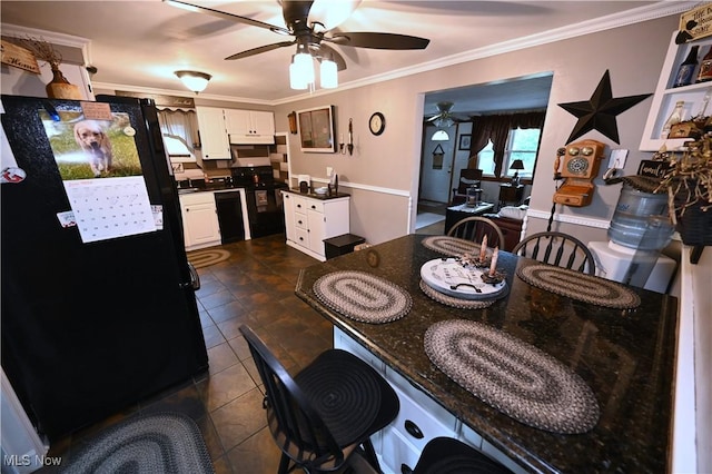50277 Carroll Rd, East Liverpool, OH 43920 - dining space with a ceiling fan, dark tile patterned flooring, and ornamental molding