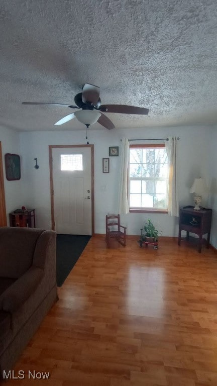 297 Hales Lndg, Elizabeth, WV 26143 - living area with a textured ceiling, wood finished floors, and a ceiling fan