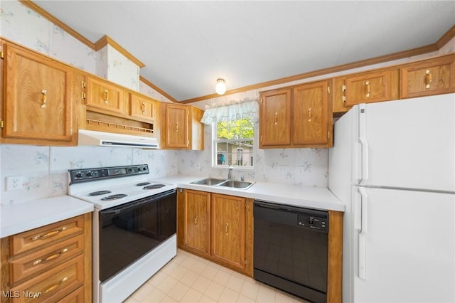 8 Maple Dr, Olmsted Twp, OH 44138 - kitchen featuring white appliances, a sink, range hood, lofted ceiling, and light countertops