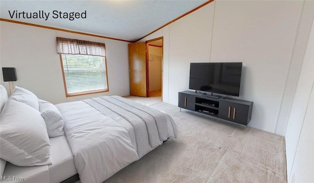 728 Rising Sun Ridge Rd, Walker, WV 26180 - carpeted bedroom featuring lofted ceiling and crown molding