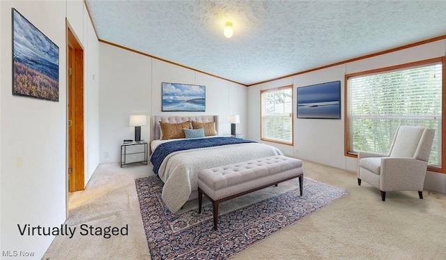 728 Rising Sun Ridge Rd, Walker, WV 26180 - bedroom featuring crown molding, carpet flooring, lofted ceiling, and a textured ceiling