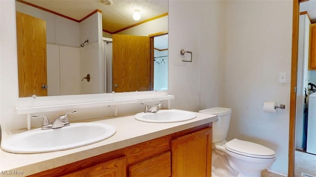728 Rising Sun Ridge Rd, Walker, WV 26180 - bathroom featuring toilet, crown molding, double vanity, and a shower