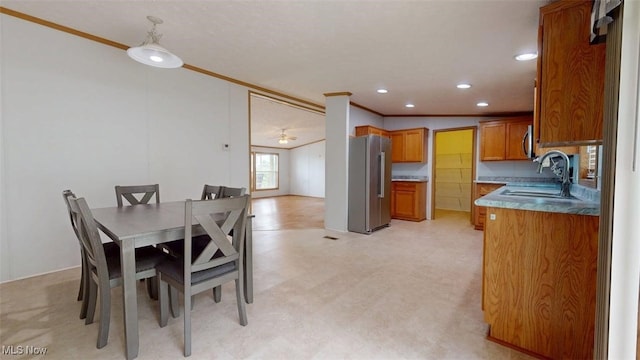 728 Rising Sun Ridge Rd, Walker, WV 26180 - dining space featuring ornamental molding, light flooring, and recessed lighting