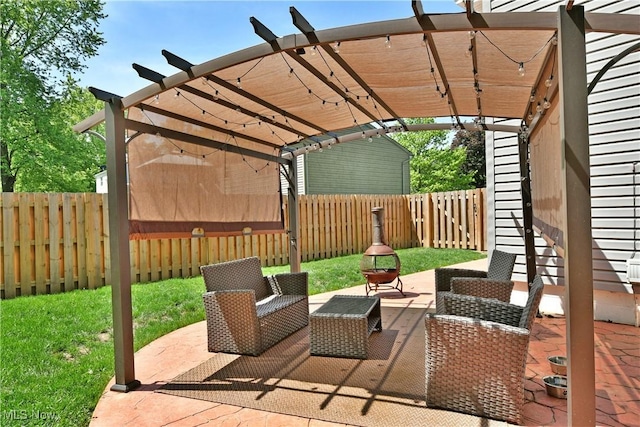 view of patio with a pergola, a fenced backyard, and outdoor lounge area