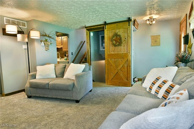 carpeted living room with a barn door, a textured ceiling, baseboards, and a sink