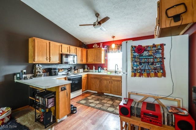 75 River Ridge Lane, Munroe Falls, OH 44262 - kitchen with electric stove, black microwave, a ceiling fan, light wood-type flooring, and light countertops