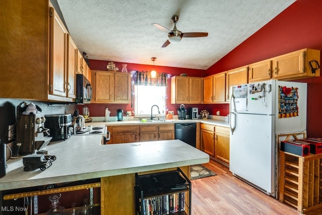 75 River Ridge Lane, Munroe Falls, OH 44262 - kitchen featuring white appliances, a ceiling fan, a sink, light wood-style floors, and light countertops