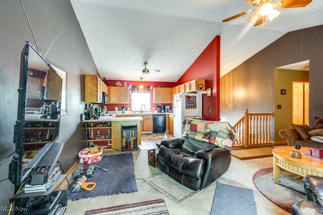 75 River Ridge Lane, Munroe Falls, OH 44262 - living room with ceiling fan and vaulted ceiling