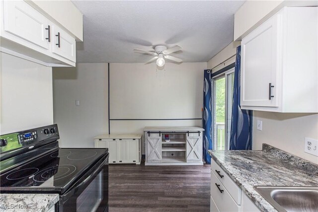 4697-4701 Maple Spur Dr, Stow, OH 44224 - kitchen featuring black electric range, ceiling fan, white cabinetry, dark wood-style flooring, and light stone counters