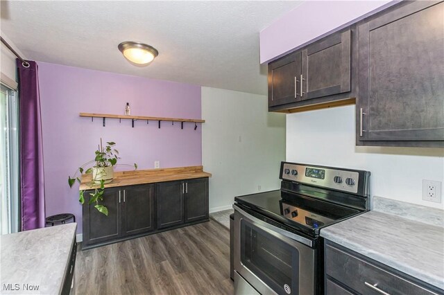 4697-4701 Maple Spur Dr, Stow, OH 44224 - kitchen with electric stove, open shelves, light countertops, dark wood-style floors, and dark brown cabinetry