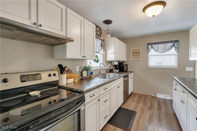 kitchen featuring stainless steel appliances, under cabinet range hood, a sink, and healthy amount of natural light