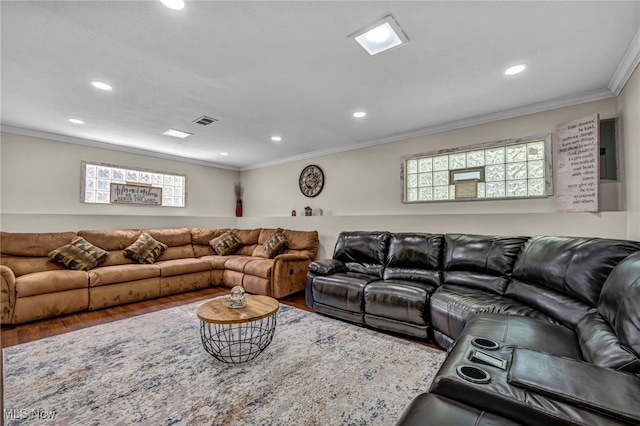 3226 Woodlawn Dr, Parma, OH 44134 - living room with wood finished floors, recessed lighting, healthy amount of natural light, ornamental molding, and electric panel