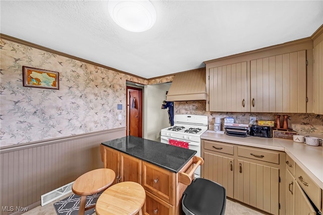 6395 Easton St NE, Louisville, OH 44641 - kitchen with custom exhaust hood, gas range gas stove, wainscoting, a center island, and wallpapered walls