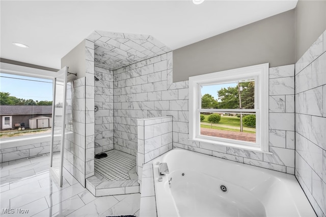 6395 Easton St NE, Louisville, OH 44641 - bathroom featuring plenty of natural light, a stall shower, a tub with jets, marble finish floors, and recessed lighting