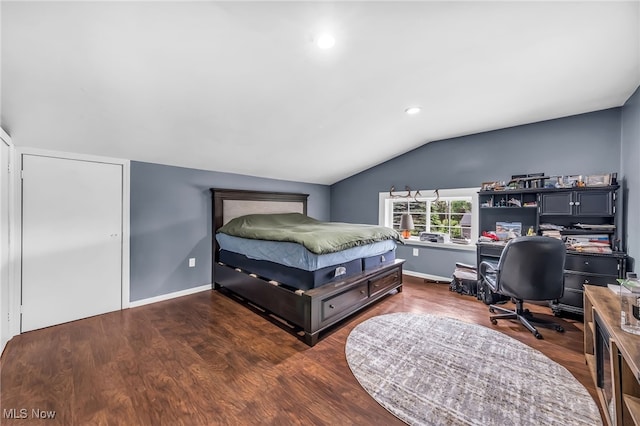6395 Easton St NE, Louisville, OH 44641 - bedroom featuring lofted ceiling, dark wood-style floors, baseboards, a desk, and recessed lighting