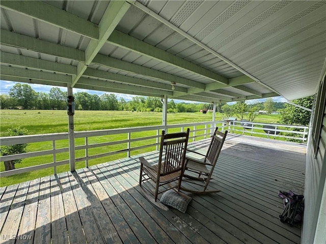 61272 Salem Rd, Salesville, OH 43778 - wooden deck featuring view of wooded area, a lawn, and a view of rural / pastoral area