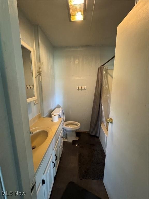61272 Salem Rd, Salesville, OH 43778 - full bathroom featuring vanity, toilet, and shower / tub combo with curtain