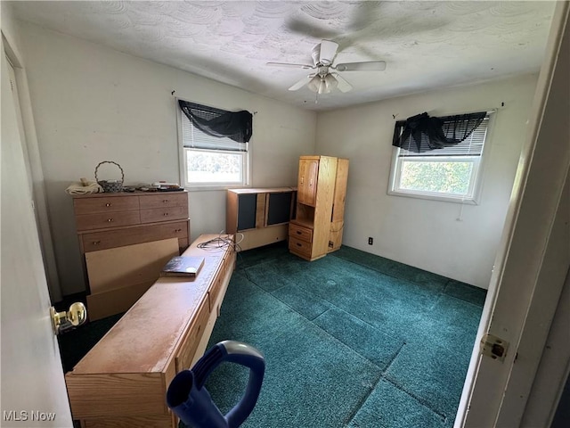61272 Salem Rd, Salesville, OH 43778 - bedroom featuring dark colored carpet, a desk, and a ceiling fan