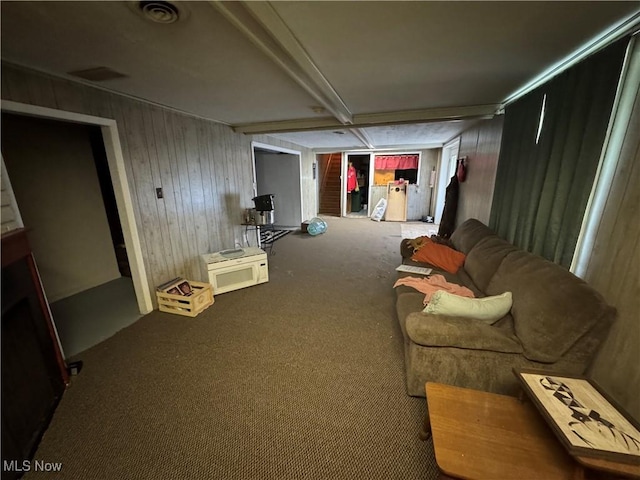 61272 Salem Rd, Salesville, OH 43778 - living room featuring carpet flooring and wooden walls