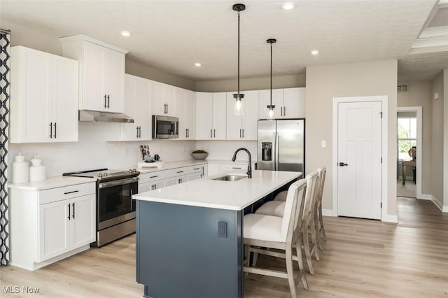 3186 Stoneleigh Rd NE, Canton, OH 44721 - kitchen featuring appliances with stainless steel finishes, a sink, under cabinet range hood, light wood-type flooring, and light countertops