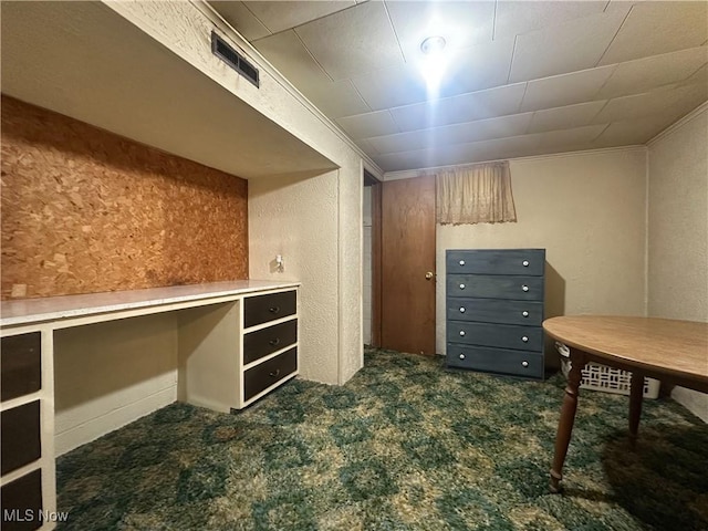 1010 Park Cir, Girard, OH 44420 - office featuring dark carpet, a textured wall, built in study area, and ornamental molding