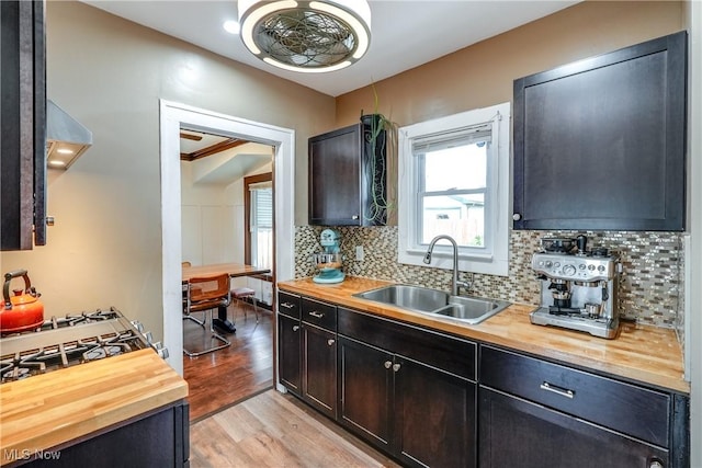 kitchen with a sink, butcher block counters, light wood-style flooring, tasteful backsplash, and plenty of natural light