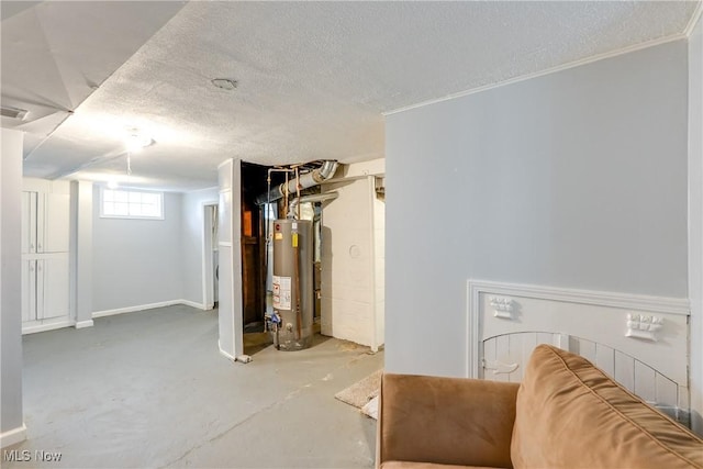basement featuring water heater and a textured ceiling