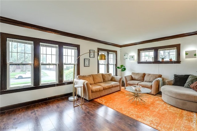 living area featuring plenty of natural light, crown molding, dark wood finished floors, and baseboards
