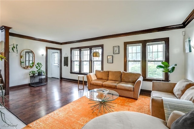 living room with wood finished floors, plenty of natural light, ornamental molding, and baseboards