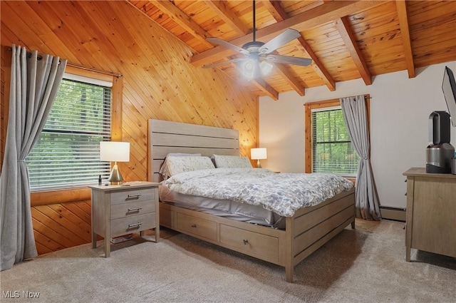 1354 N Pricetown Rd, Diamond, OH 44412 - bedroom featuring wood ceiling, baseboard heating, wooden walls, carpet flooring, and a ceiling fan