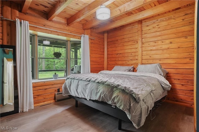 1354 N Pricetown Rd, Diamond, OH 44412 - bedroom with wood ceiling, beamed ceiling, hardwood / wood-style floors, and a baseboard radiator