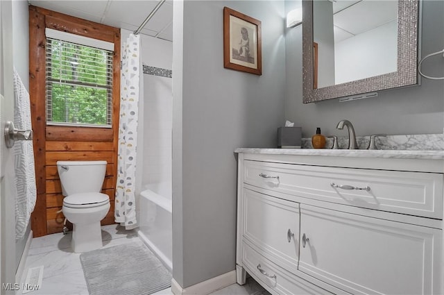 1354 N Pricetown Rd, Diamond, OH 44412 - bathroom with toilet, vanity, marble look tile flooring, and shower / bathtub combination with curtain