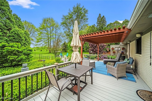 wooden deck featuring a pergola, fence, an outdoor living space, and outdoor dining space