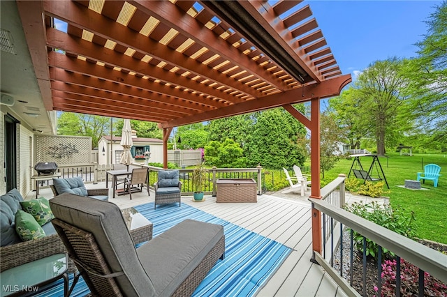 deck with outdoor dining area, a shed, an outdoor structure, a pergola, and an outdoor living space