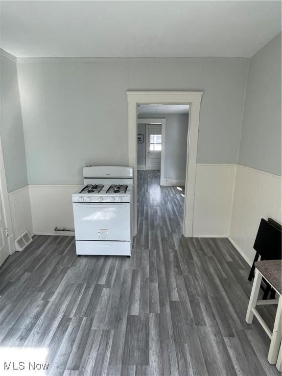 3405 Roehl Ave, Cleveland, OH 44109 - kitchen featuring white gas range, dark wood-type flooring, and a wainscoted wall