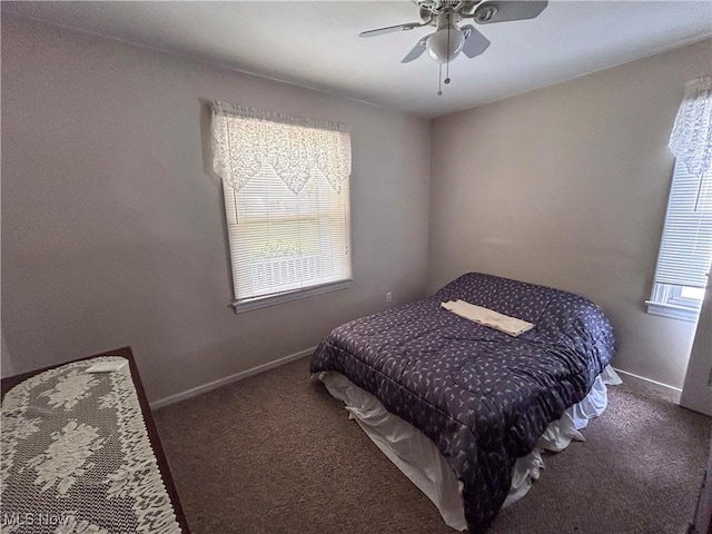 bedroom featuring multiple windows, carpet flooring, and baseboards