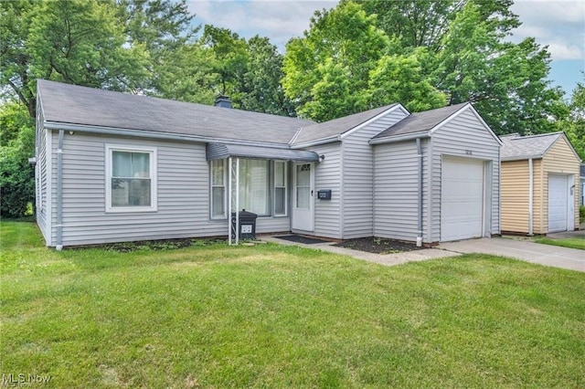 1212 Eastwood Ave, Mayfield Heights, OH 44124 - ranch-style home featuring an attached garage, a front yard, a shingled roof, concrete driveway, and a chimney