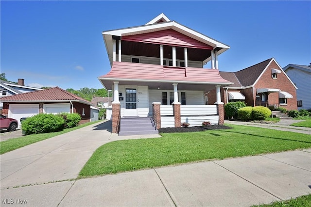 view of front of property with a porch, a front lawn, and a balcony