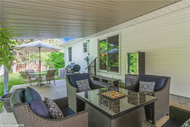 37 Monticello Dr, Brunswick, OH 44212 - view of patio / terrace featuring outdoor dining area, an outdoor living space, a grill, and central AC