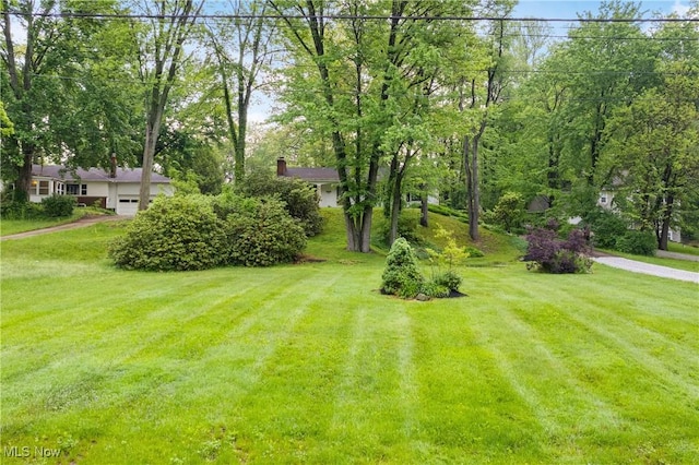 view of grassy yard featuring an attached garage