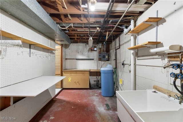 unfinished below grade area with a water softener system, electric panel, and a sink