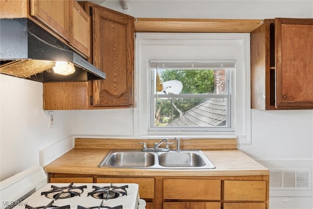 3074 Erin Ave, Cleveland, OH 44113 - kitchen with under cabinet range hood, a sink, gas range gas stove, light countertops, and brown cabinets