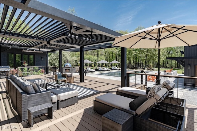 2471 Snowberry Ln, Pepper Pike, OH 44124 - wooden deck featuring a pergola, an outdoor pool, outdoor lounge area, and an outdoor kitchen