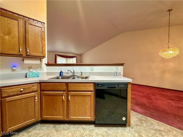 895 Mcarthur Dr, Girard, OH 44420 - kitchen with black dishwasher, a sink, vaulted ceiling, a chandelier, and brown cabinets