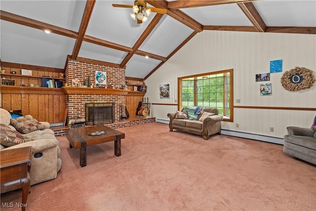 41972 Griswold Rd, Elyria, OH 44035 - carpeted living room with a baseboard radiator, ceiling fan, beam ceiling, a fireplace, and high vaulted ceiling